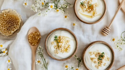 Wall Mural - A rustic Easter brunch setup with Greek yogurt parfaits in handmade ceramic bowls, accompanied by a side of fresh honeycomb and wooden spoons