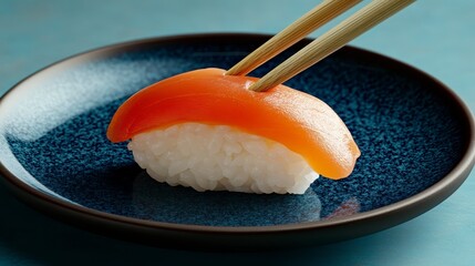 Sticker - Close up of a piece of sushi with a piece of cooked salmon topped with a sauce on a dark blue plate. The piece of rice is white and underneath the