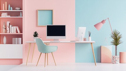 Aufkleber - Modern pink and teal home office, workspace, computer setup, interior design