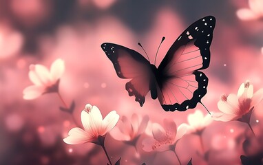 Poster - Pink butterfly among spring flowers. Artistic, delicate floral background, great for a nature themed digital art print or desktop wallpaper