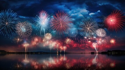 Wall Mural - sky red and blue fireworks