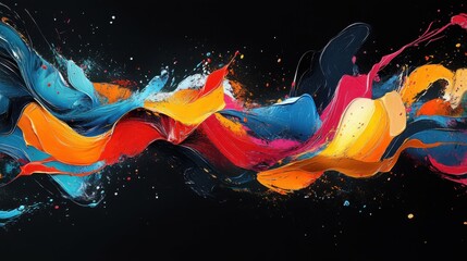 Wall Mural - Vibrant abstract brush strokes on black background with dynamic color waves