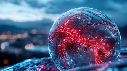 Poster - digital globe with glowing continents on a dark background with city lights in the background, showc