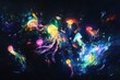 © galendra - Vibrant jellyfish swarm in dark ocean.