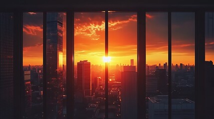 Wall Mural - Fiery Cityscape Sunset Viewed Through Panoramic Windows