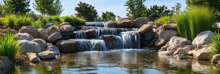Poster - Natural waterfall cascading over rocks in a serene park setting on a sunny day with clear blue skies. Generative AI
