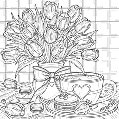 Wall Mural - A bouquet of tulips and a cup of coffee and macarons.Coloring book antistress for children and adults.