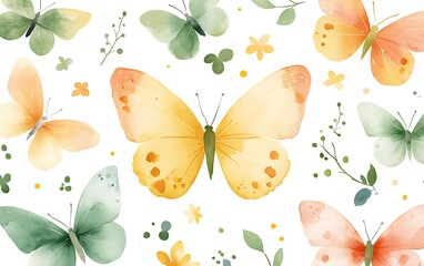 Poster - Watercolor Butterflies and Flowers Pattern, Decorative Background, Illustration for print
