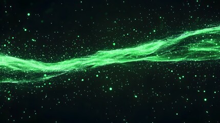 Poster - Glowing Green Abstract Wave with Sparkling Particles on Dark Background