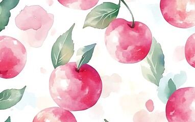 Poster - Watercolor pattern of pink apples with leaves on white background. Possible use textile design, wallpaper, print