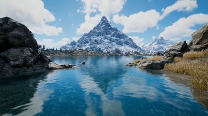 Poster - Panoramic view of a serene lake reflecting a snow capped mountain range under a partly cloudy sky. The water's surface is glassy smooth, mirroring