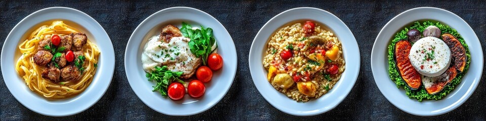 Wall Mural - Three Healthy Dinner Plates With Chicken, Pasta, And Vegetables, On A Dark Background