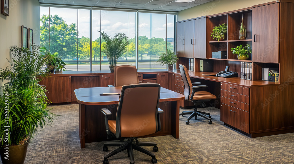 A well-lit office with large windows offers a view of lush greenery. The office features dark wood furniture, including desks, cabinets, and shelving, accented by green plants.