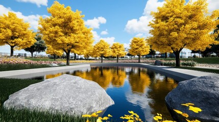 Canvas Print - A serene park scene features a pond reflecting vibrant yellow trees and a light gray stone landscape. The scene is bathed in natural light, with a