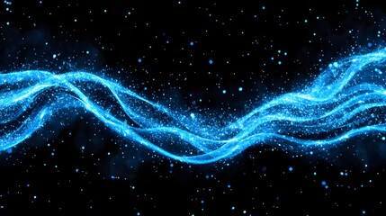 Poster - Flowing Blue Light Waves on a Dark Background with Sparkling Effects