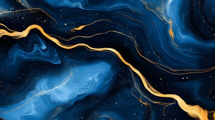 Poster - Elegant Blue and Gold Abstract Art with Gold Accents and Swirls
