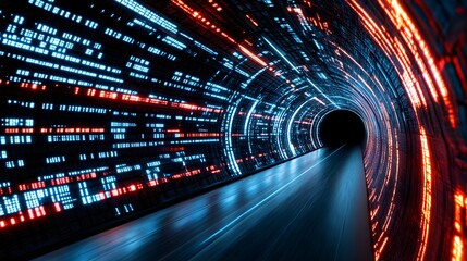 Poster - Futuristic Tunnel with Colorful Neon Lights and Motion Blur Effect