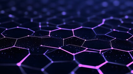 Fototapete - Abstract Hexagonal Patterns with Neon Glow on Dark Background