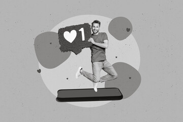 Poster - Photo of youngster blogger carefree funny man jumping overjoyed hold red paper pinata like symbol phone screen promo isolated on blue background