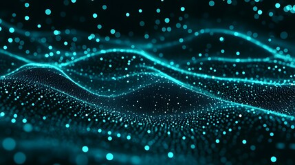 Poster - Abstract Digital Landscape with Blue Particles and Waves of Light