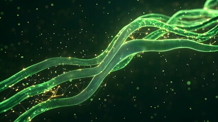 Aufkleber - elegant green waves with glowing particles in digital environment