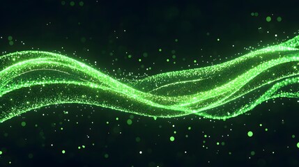 Poster - Green Light Waves with Glittering Particles on Dark Background