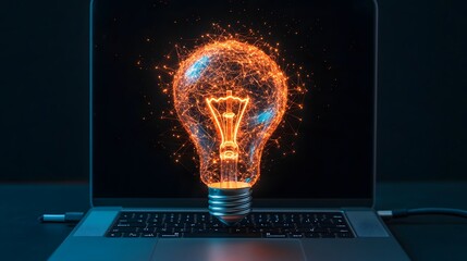 Poster - Glowing Light Bulb Above Laptop Keyboard with Digital Elements