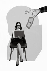 Poster - Vertical collage of successful young banking manager woman sit comfort boss chair hold laptop got online payment cash isolated on painted background