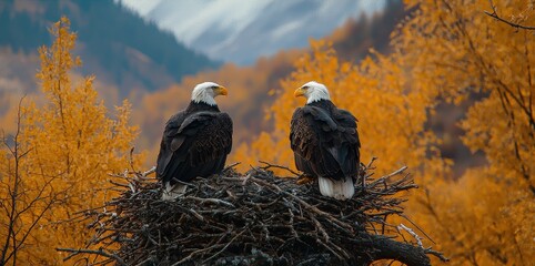 World wildlife day with conservation and awareness idea. Eagles perched together in a nest surrounded by autumn foliage.