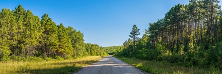 Poster - Straight road leads into a dense forest under a clear blue sky during daytime. Generative AI