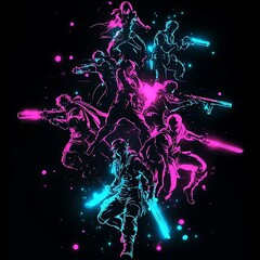 Poster - Neon action figures jumping, graphic design, vibrant colors