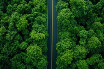 Poster - Road stretches through lush forest creating a serene escape into natures beauty. Generative AI