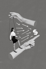 Poster - Surreal creative weird collage template of tied banker work business lady walk up high hand improving finance