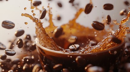 Wall Mural - A close-up of coffee splashing out of a cup, with coffee beans floating and scattered, isolated on a white surface.