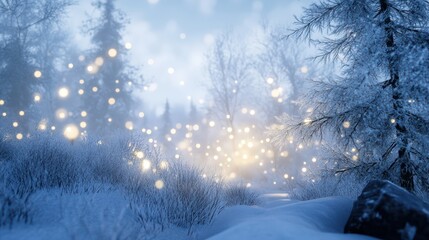 Wall Mural - Winter Wonderland with Snow and Bokeh Lights.