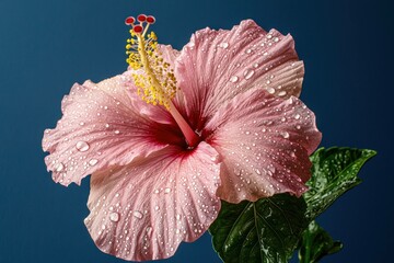 Poster - Beautiful pink hibiscus flower with water droplets against a dark blue background, showcasing vibrant colors and natural beauty, perfect for floral design and decor