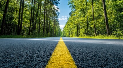 Aufkleber - Straight road vanishes into lush forest under bright blue sky revealing natures beauty and tranquility. Generative AI