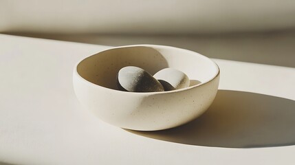 Canvas Print - Cream-colored bowl with gray stones, sunlight, minimalist still life. Possible use Home decor, product photography