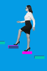 Poster - Trend artwork banner sketch 3D photo collage of human resource young lady walk up goal best aim triumph winner challenge awesome victory