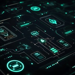 Poster - Futuristic technology interface, glowing circuit board, complex system. Possible use stock photo for technology, innovation, or design
