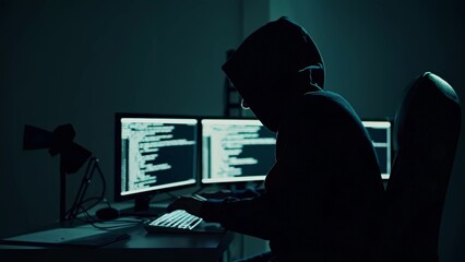 Poster - hooded cybercriminal typing malicious code on keyboard, computer screen displaying digital glitch ef