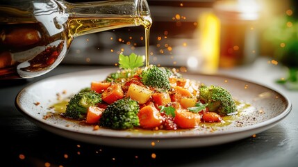 Poster - Carrots and broccoli steamed with olive oil and plated under warm, golden lighting to enhance their freshness and appeal.