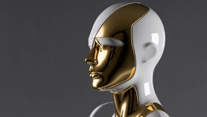 Poster - Sleek white and gold android head pivoting against neutral gray background, symbolizing advanced technological innovation and futuristic ai evolution