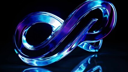 Wall Mural - Glass infinity symbol rotating slowly on a reflective black surface, illuminated by blue and purple neon lights, creating a mesmerizing visual effect