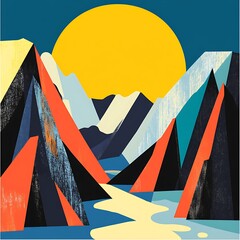 Poster - Abstract mountainscape with sun; vibrant colors, geometric shapes, use in art print or decor