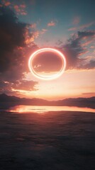 Wall Mural - a glowing ring hovering above a calm desert landscape, surreal and mystical atmosphere, vibrant and 