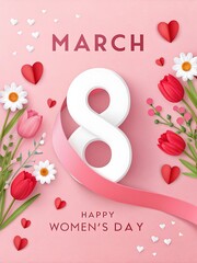  Elegant Happy Women's Day Graphic with Flowers and Ribbons