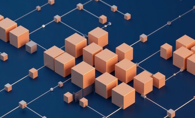 Wall Mural - seamless 3d cubes or blocks data connection network on dark blue background abstact geometric isomet