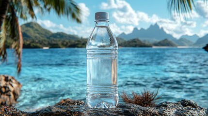 Poster - A white transparent mineral water bottle, a bottle of crystal clear mineral water, There are mountains in the distance, placed on a rock, with the sea, island, coconut trees.
