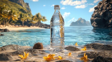 Poster - A white transparent mineral water bottle, a bottle of crystal clear mineral water, There are mountains in the distance, placed on a rock, with the sea, island, coconut trees.